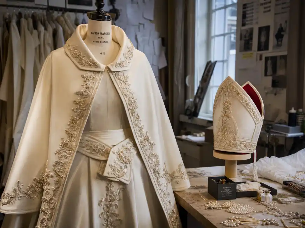 Maison Margiela Paris atelier craftsmanship behind the Rihanna papal Met Gala outfit — ivory ceremonial robe pinned on couture dress form with bishop mitre
