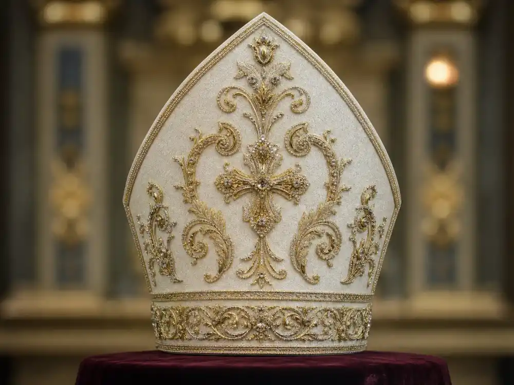 Stephen Jones bishop mitre headpiece with gold embroidery and crystal beading central to the Rihanna papal Met Gala outfit ceremonial silhouette
