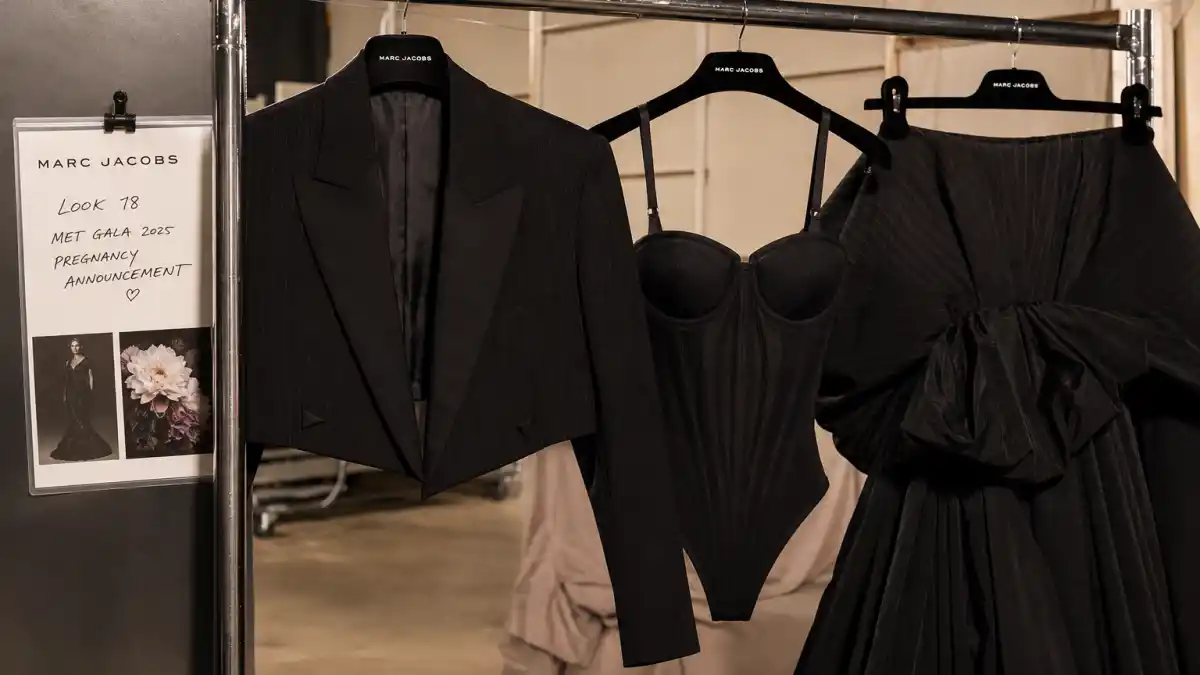 Rihanna pregnancy announcement ASAP Rocky Met Gala 2025 — Marc Jacobs black pinstripe tailoring on rack before May 5 bump debut