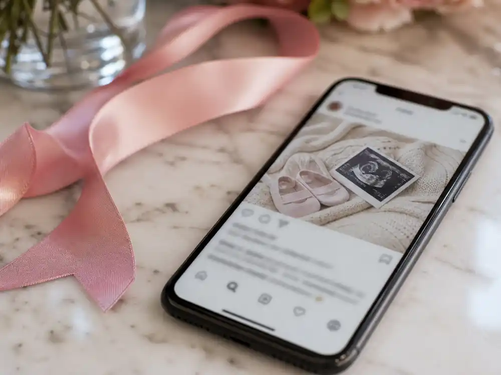 Smartphone with blurred pregnancy news feed for Rihanna pregnancy announcement ASAP Rocky People and Us Weekly breaking coverage
