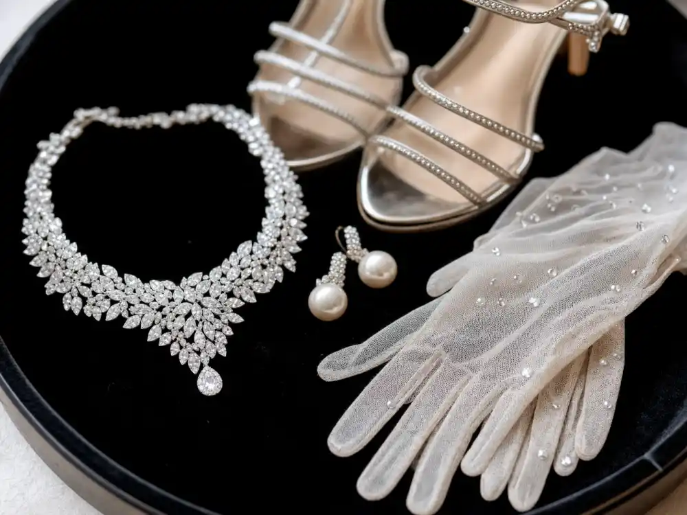 Bold maternity accessories flat lay with diamond choker pearl earrings and crystal heels central to Rihanna pregnancy style evolution jewelry and footwear rules