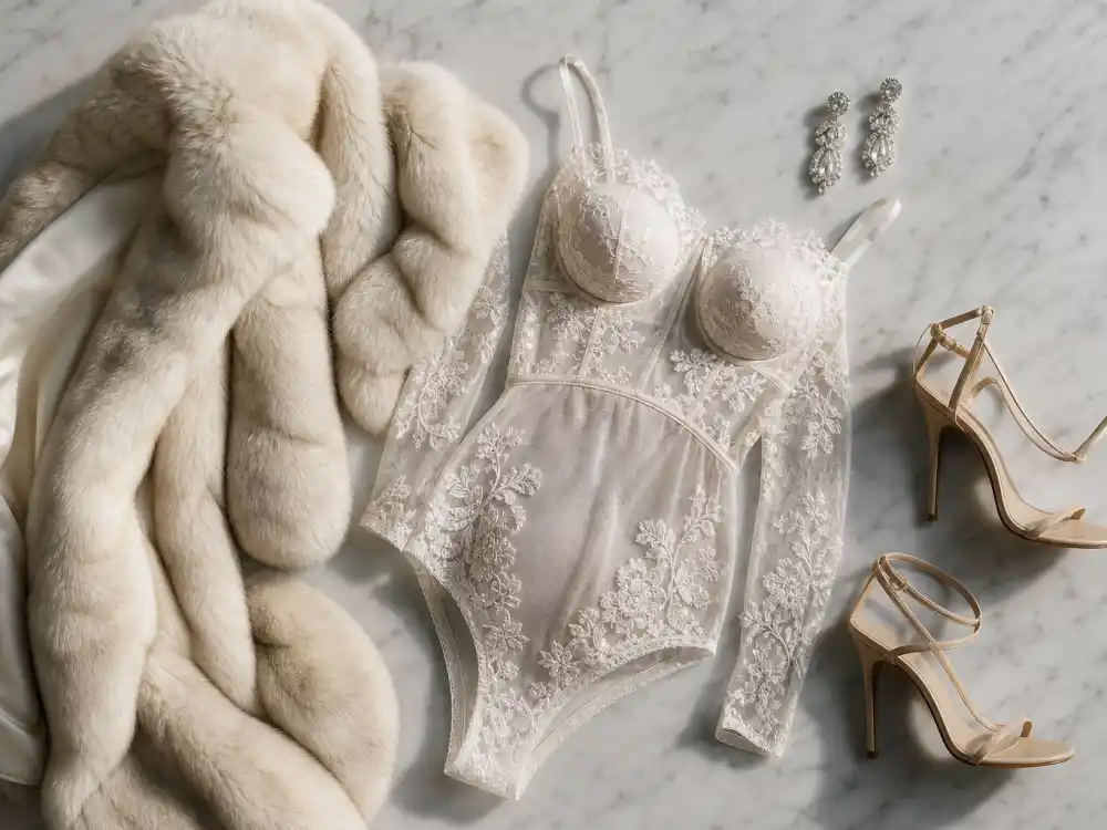 Maternity fashion flat lay with sheer lace bodysuit fur coat and diamond earrings defining the Rihanna pregnancy style evolution bump-forward dressing codes