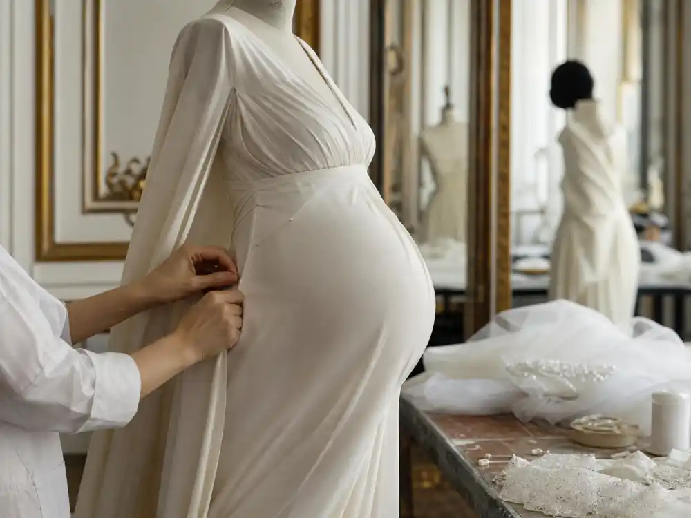 Haute couture atelier ivory maternity gown on dress form showing the construction craft behind Rihanna pregnancy style evolution Valentino and Alaïa collaborations