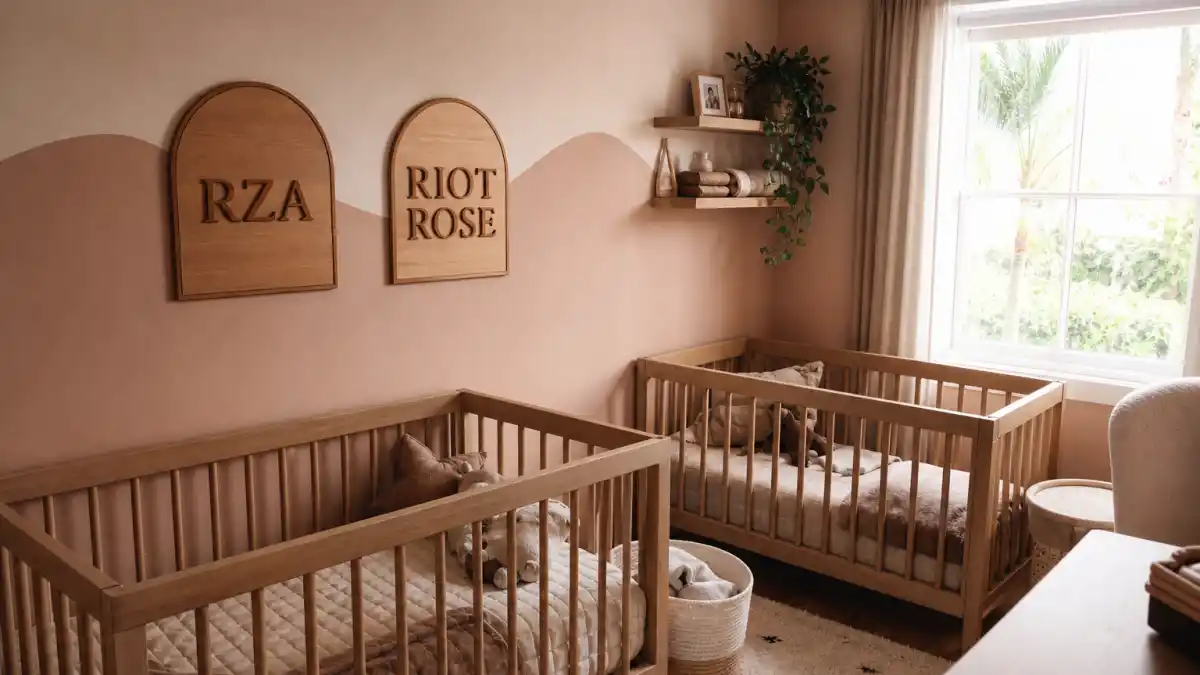 Rihanna sons RZA and Riot Rose guide — blush nursery with RZA and Riot Rose name plaques and two boy cribs without faces