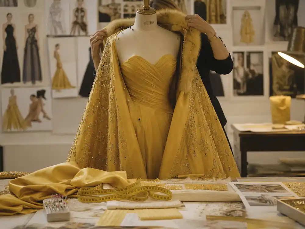Haute couture fitting room preparing the Rihanna yellow Met Gala cape dress — fur-trimmed cape adjusted on mannequin before red carpet arrival