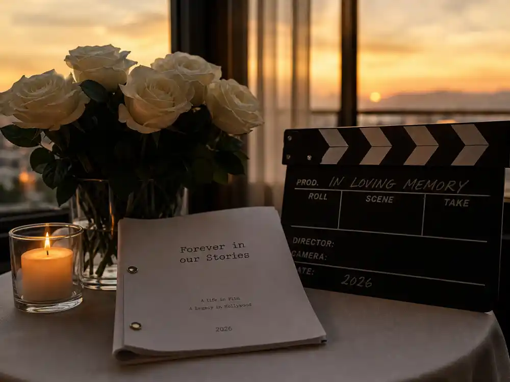A memorial candle and film clapperboard for Robert Carradine legacy tribute after his February 2026 death