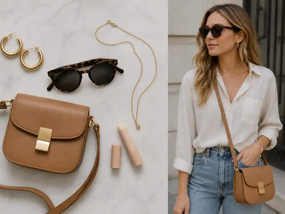 Gold hoops tortoiseshell sunglasses and tan crossbody bag finishing Rosie Huntington-Whiteley casual style accessory layer