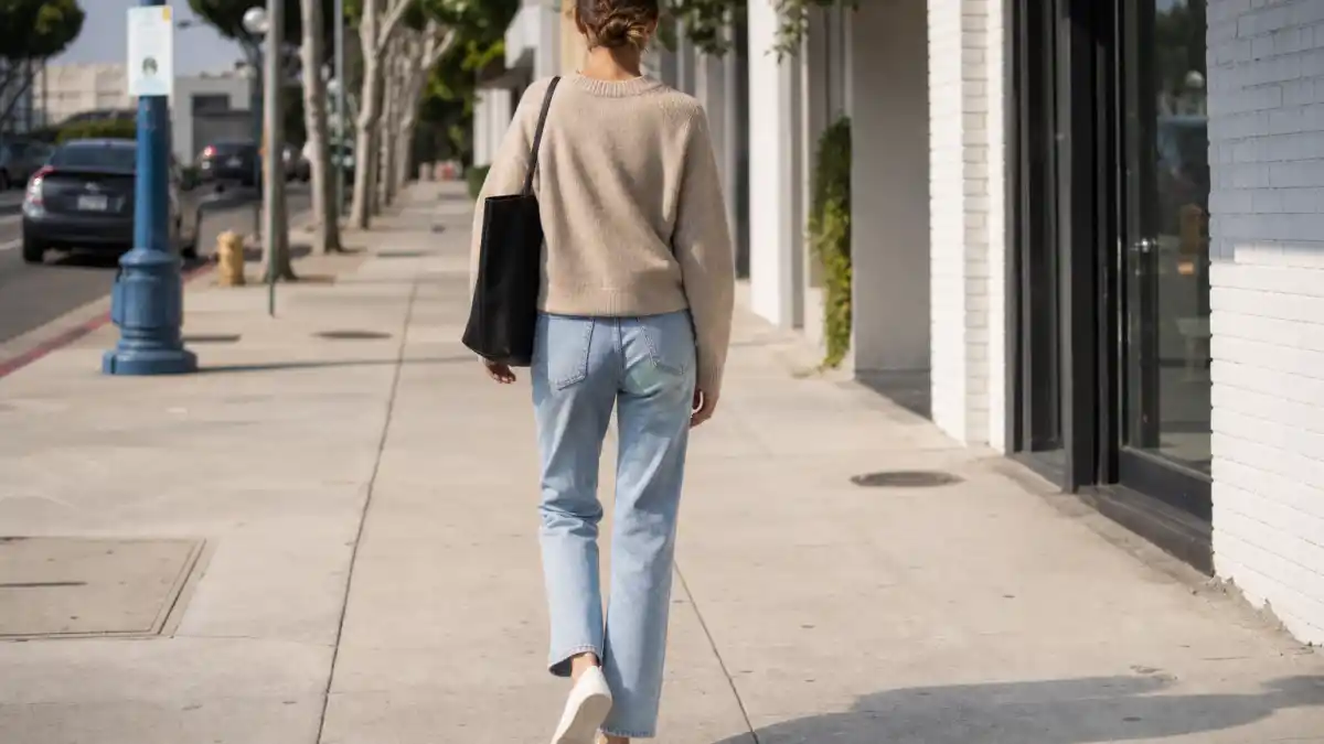 Rosie Huntington-Whiteley casual style — beige cashmere sweater straight-leg jeans and white sneakers on LA sidewalk seen from behind