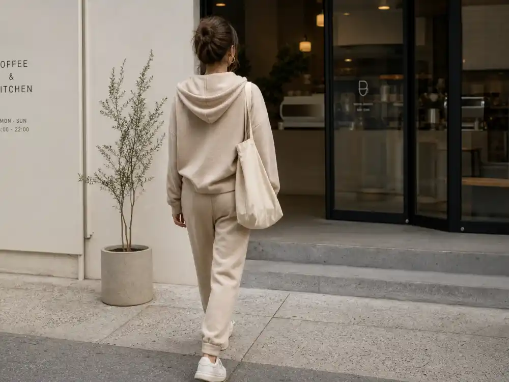 Matching beige lounge set and white sneakers illustrating Rosie Huntington-Whiteley casual style athleisure rotation