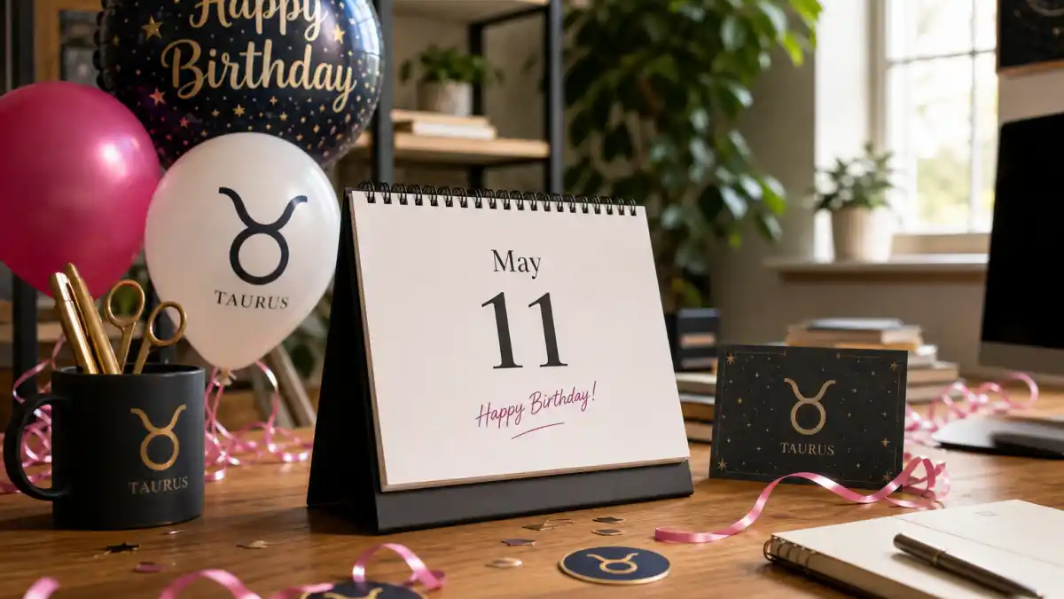 Sabrina Carpenter age and birthday 2026 — desk calendar open to May 11 with Taurus zodiac decorations marking her verified birth date