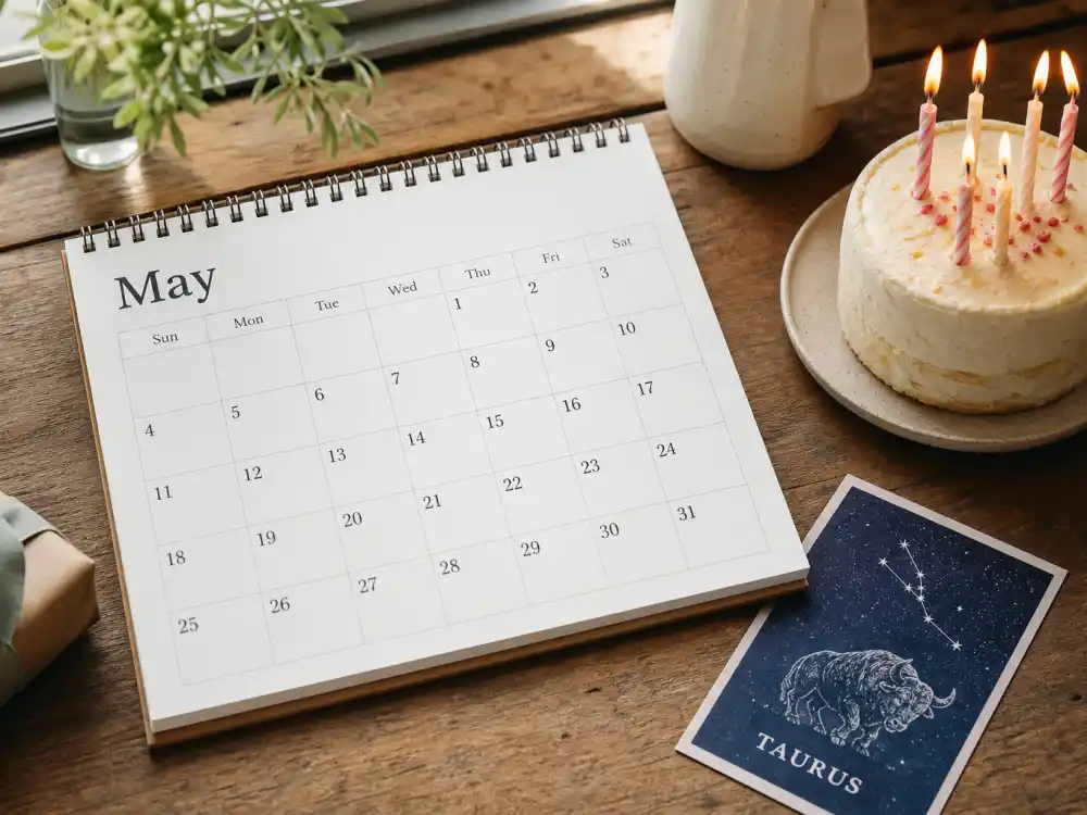 May 11 birthday cake and calendar marking Sabrina Carpenter age and birthday 2026 each year when fans celebrate her Taurus birth date