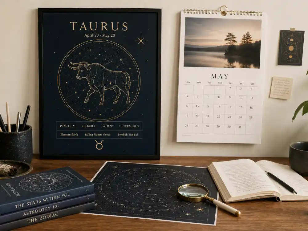 Taurus zodiac chart beside May calendar for Sabrina Carpenter age and birthday 2026 — May 11 birth date places her under Taurus in Western astrology