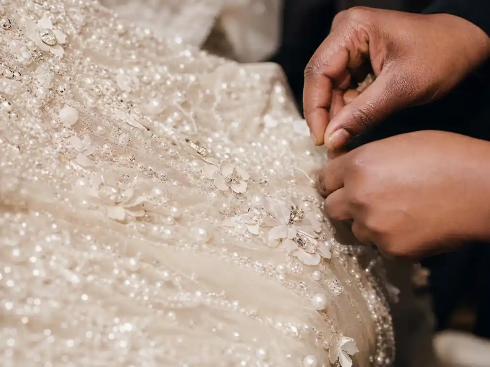 Pearl, crystal and floral bead embellishments on the sheer ivory gown Sabrina Carpenter wore to the Grammys