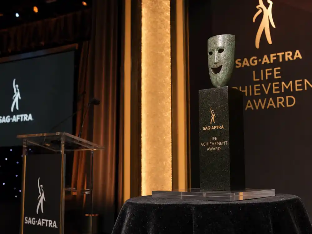 Life Achievement Award spotlight display symbolizing Harrison Ford honor on the SAG Awards 2026 winners list at Shrine Auditorium