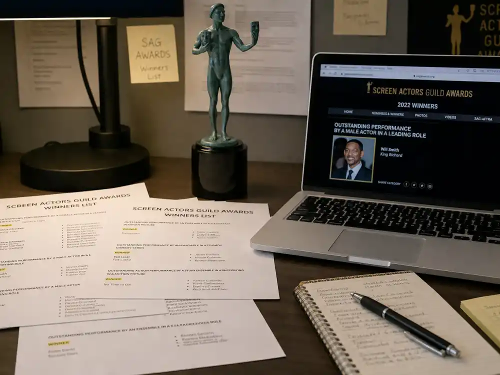 Awards research desk documenting the verified SAG Awards 2026 winners list sourced from ActorAwards.org, Variety, and THR