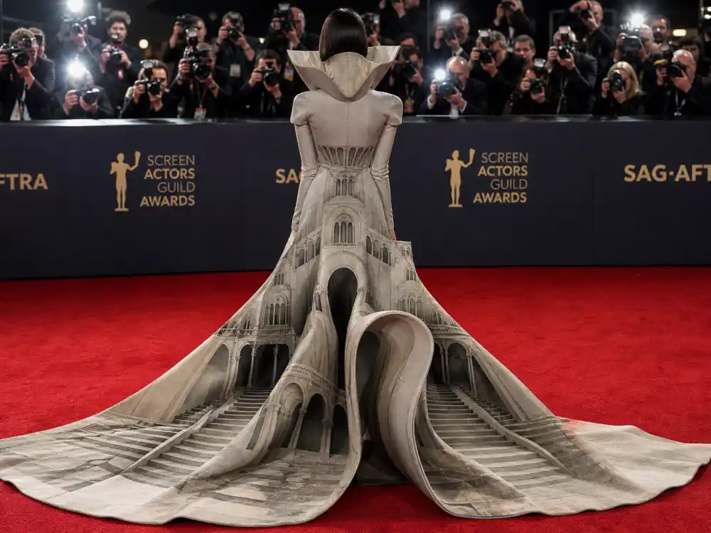 Avant-garde sculptural evening silhouette on the SAG Awards best dressed red carpet — surreal couture that owned the Actor Awards arrivals