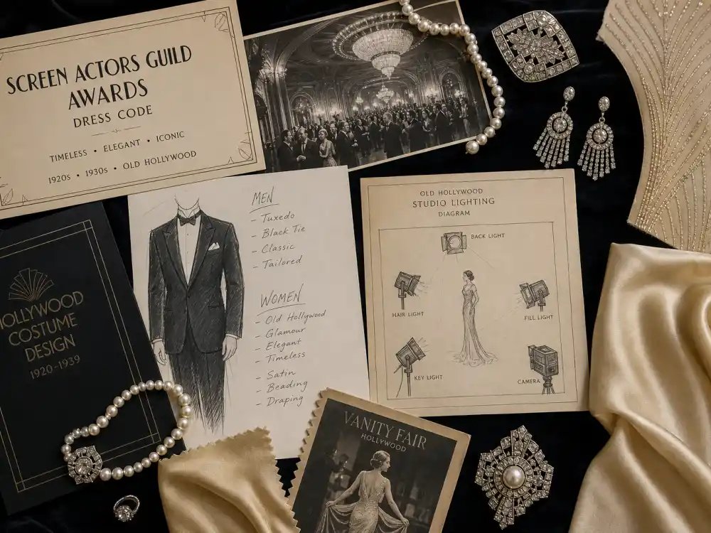 Old Hollywood glamour dress code mood board for SAG Awards best dressed red carpet Reimagining 1920s and 1930s theme
