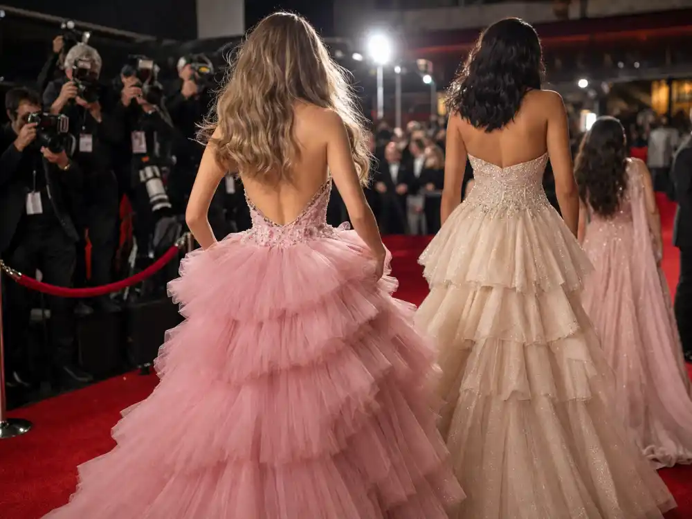 Soft pink and champagne couture columns on the SAG Awards best dressed red carpet March 1 2026 at Shrine Auditorium