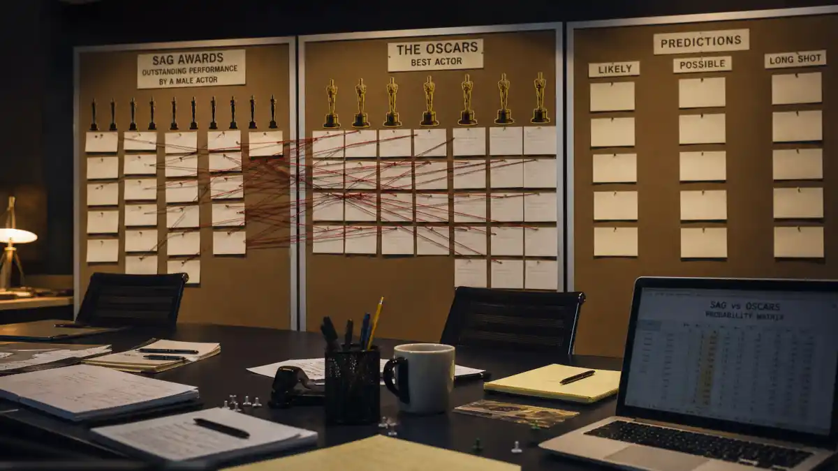 SAG Awards vs Oscars predictor explained — awards prediction war room with SAG and Oscar statuette boards connected by red string