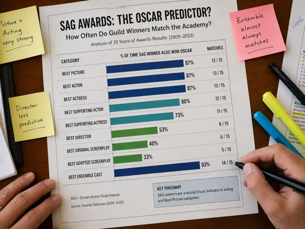 Historical match rate analytics chart for SAG Awards vs Oscars predictor explained — percentage overlap between guild and Academy winners by category