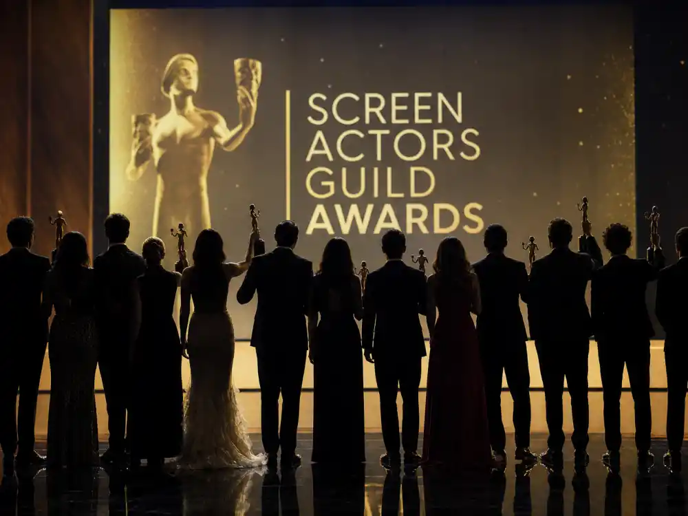 Anonymous cast silhouettes on awards stage for SAG ensemble cast award winners by year film motion picture category history