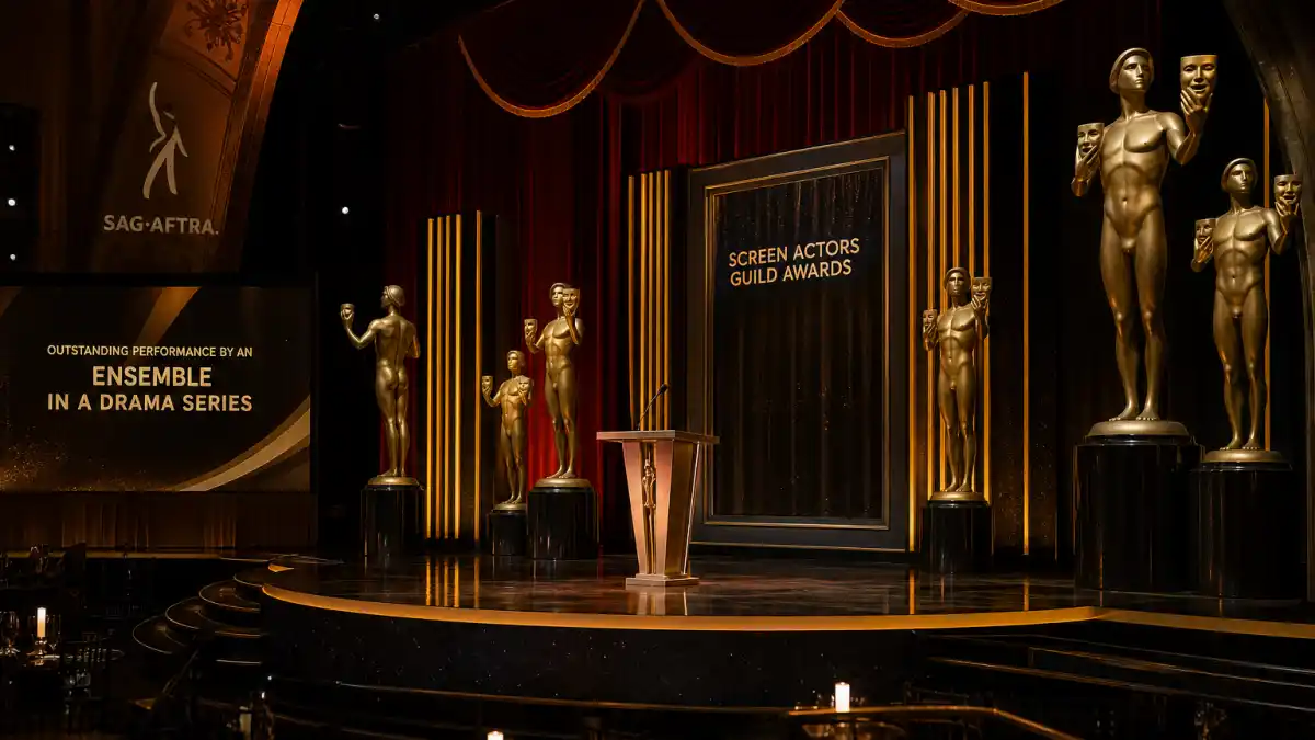 SAG ensemble cast award winners by year — golden Actor statuettes on Shrine Auditorium stage honoring film and TV cast champions since 1996