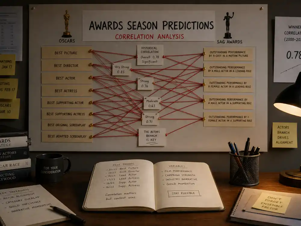 Awards prediction board linking SAG ensemble cast award winners by year to Oscar Best Picture correlation research