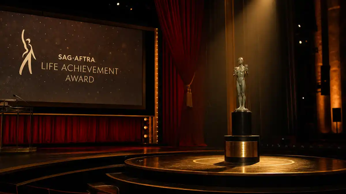 SAG Life Achievement Award winners list — golden Actor statuette spotlight on empty Shrine Auditorium awards stage