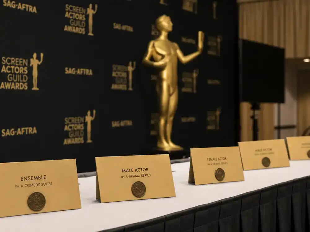 Actor statuette row symbolizing SAG Life Achievement Award winners list honorees from Eddie Cantor through Harrison Ford