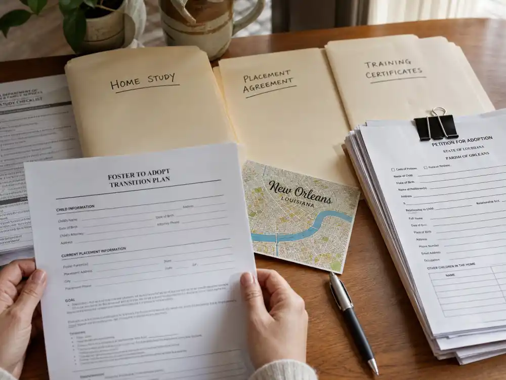 Foster-to-adopt paperwork on Louisiana desk for Sandra Bullock adoption story kids — home-study folder and New Orleans map without identifiable faces