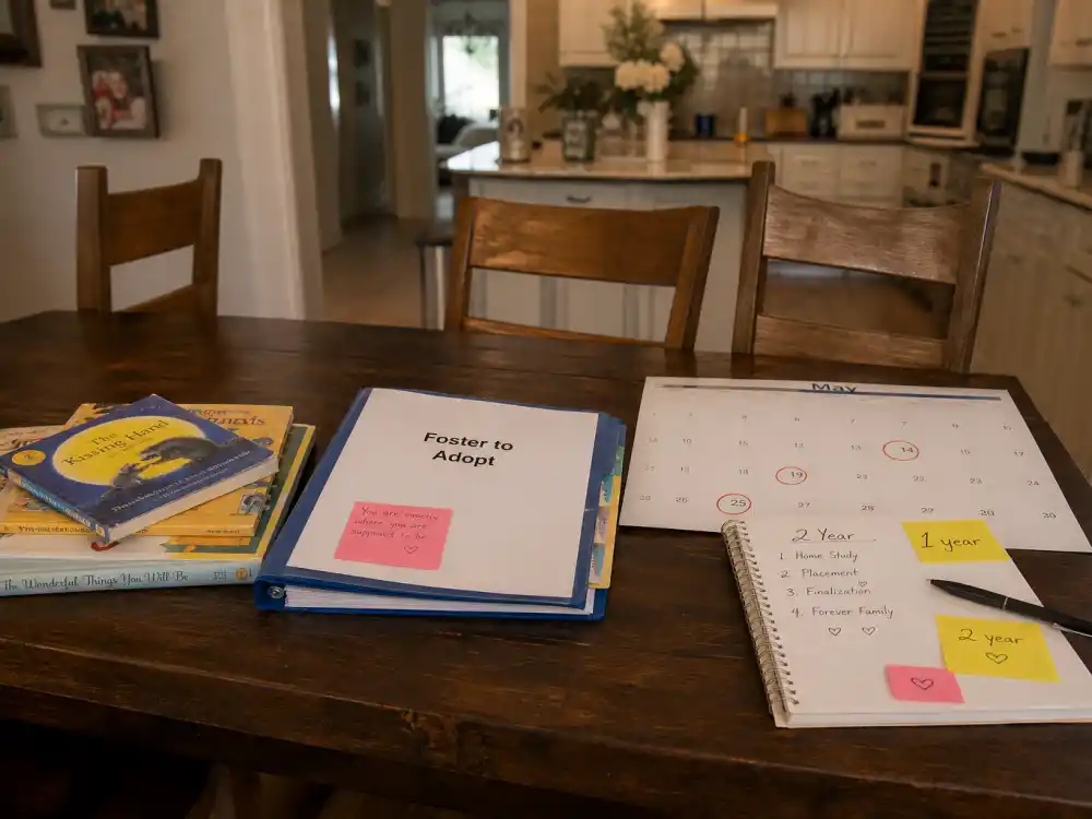 Foster-to-adopt two-year timeline on kitchen table for Laila 2015 in Sandra Bullock adoption story kids editorial without identifiable faces
