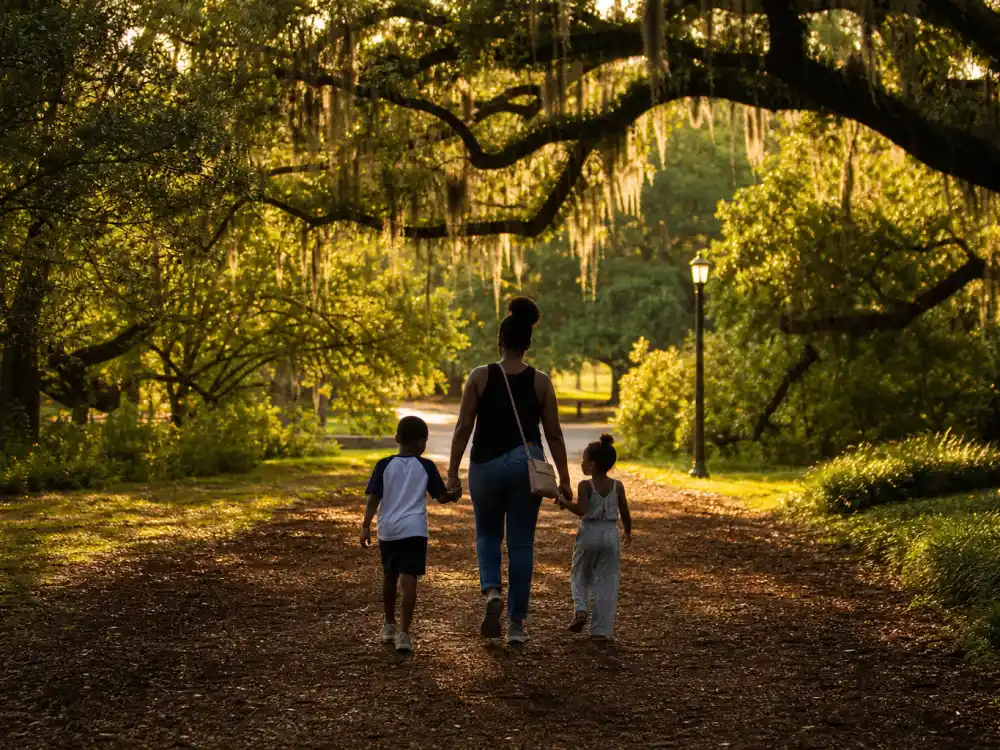 Family silhouettes from behind at Louisiana oak park for Sandra Bullock adoption story kids — Audubon Park style path without identifiable faces