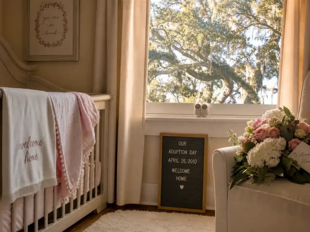 Welcome-home nursery with baby shoes for Louis 2010 in Sandra Bullock adoption story kids — Louisiana oak window light without identifiable faces