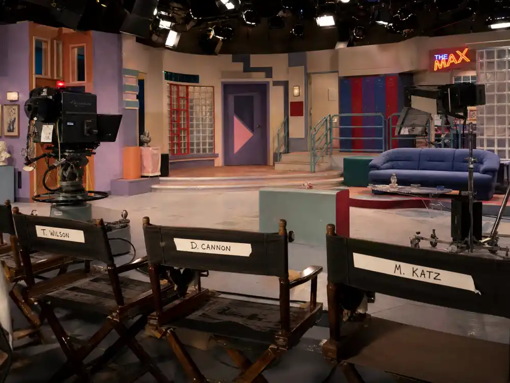 1990s TV sitcom soundstage with director chairs for the Saved by the Bell cast where are they now Saturday morning fame
