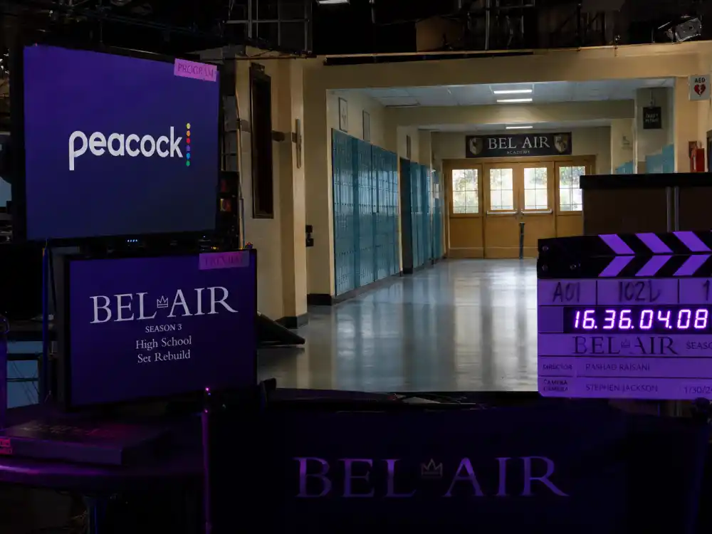 Modern streaming production set representing the Peacock Saved by the Bell reboot and cast where are they now reunion era