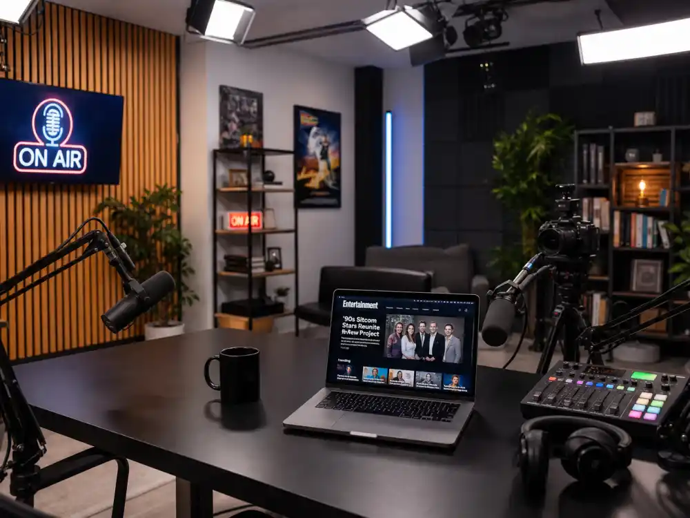 Modern podcast studio representing where the Saved by the Bell cast where are they now alumni work in 2026 media careers