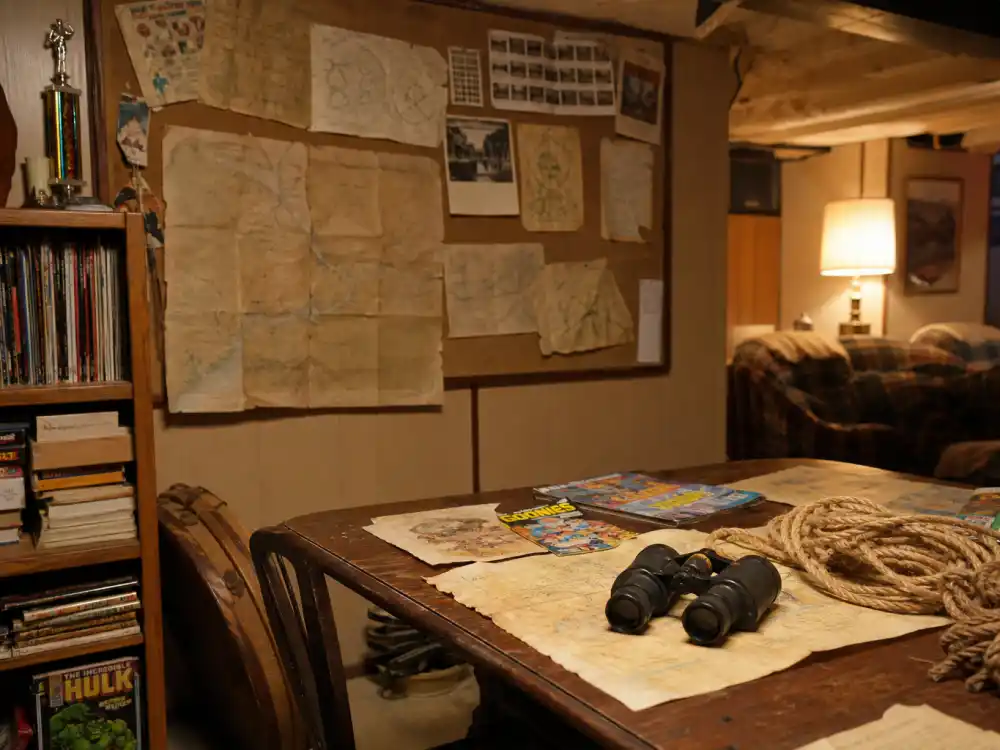 A 1980s basement with treasure maps evoking Sean Astin as Mikey Walsh in The Goonies child actor era