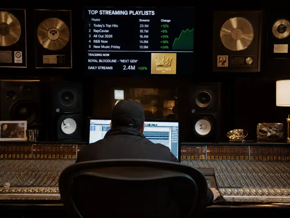 Music studio control room from behind for second generation celebrities dominating 2026 Blue Ivy tier Grammy streaming lane editorial without identifiable faces