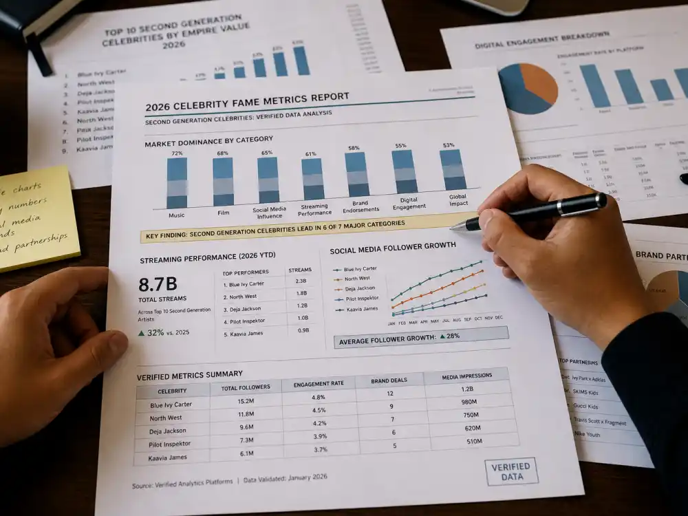 Verified 2026 fame metrics report desk for second generation celebrities dominating 2026 streaming social growth charts editorial without identifiable faces