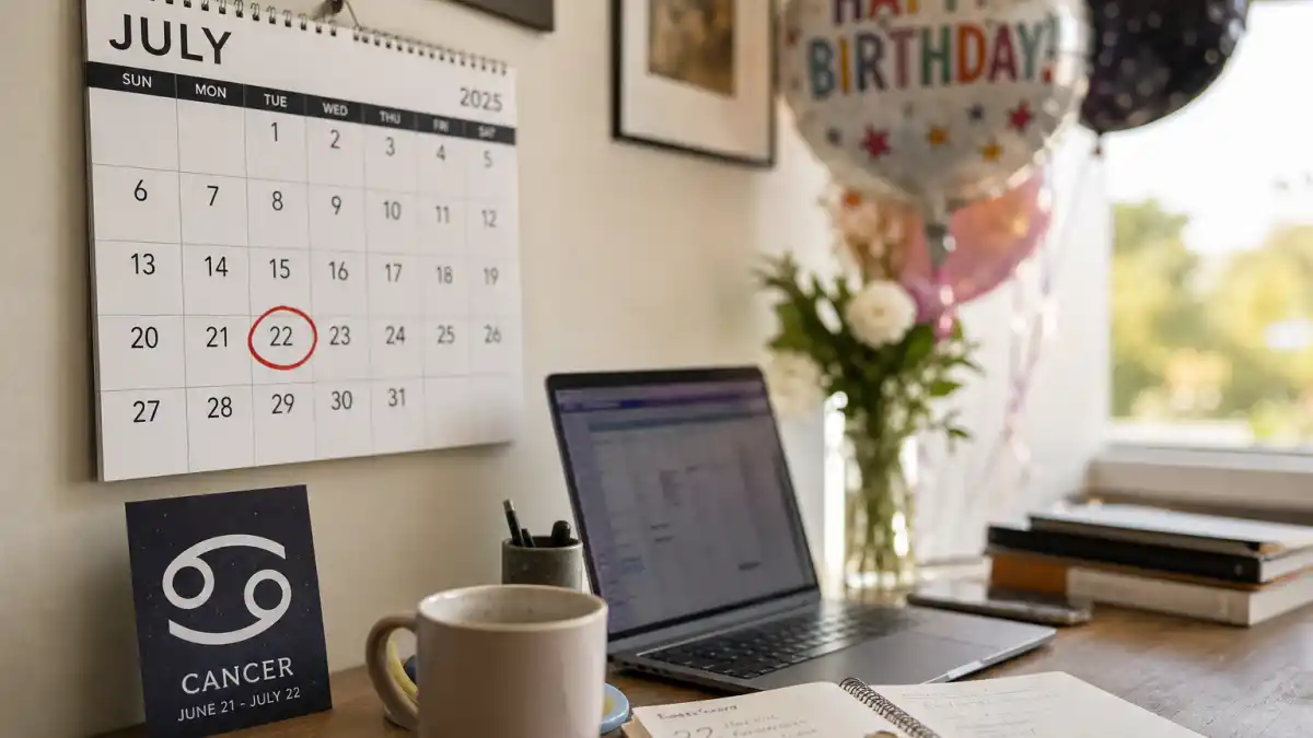 Selena Gomez age and birthday 2026 — desk calendar open to July 22 with Cancer zodiac decorations marking her verified birth date