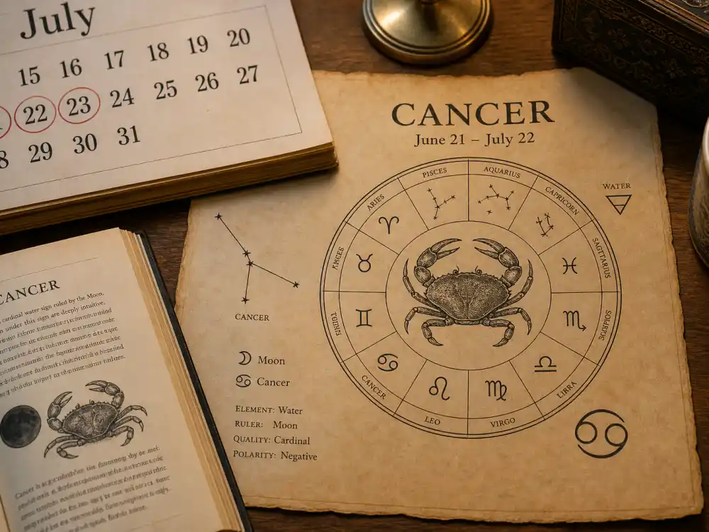 Cancer zodiac chart beside July calendar for Selena Gomez age and birthday 2026 — July 22 birth date places her under Cancer in Western astrology