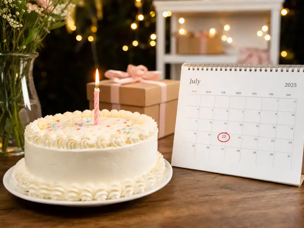 July 22 birthday cake and calendar marking Selena Gomez age and birthday 2026 each year when fans celebrate her Cancer birth date