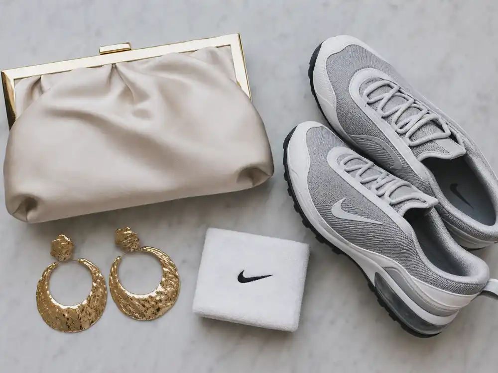 Maternity fashion accessories flat lay with gold earrings Nike sneakers and tennis wristband central to Serena Williams maternity fashion looks styling vocabulary