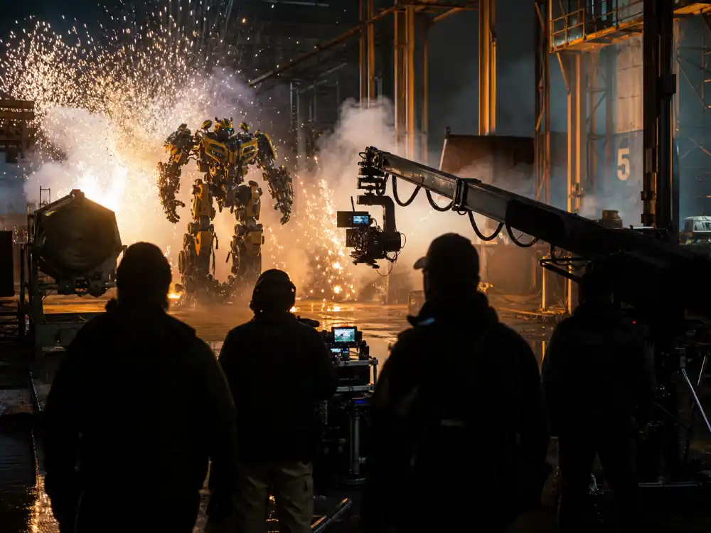 A big-budget action movie film set with camera crane and explosion lighting representing the Shia LaBeouf Transformers era