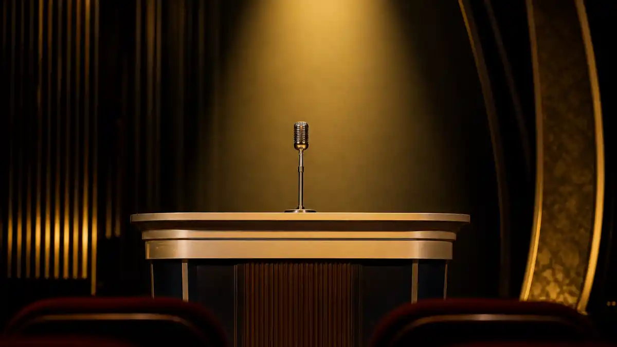 Shortest and longest Oscar speeches ever — awards podium with microphone under golden spotlight at the Academy Awards