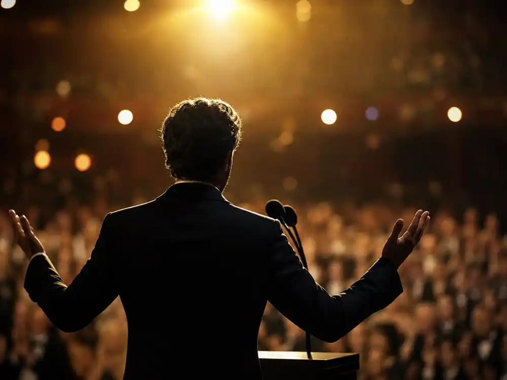 Winner silhouette at the podium captures how the shortest Oscar speeches ever can last only a few words under theatre spotlights