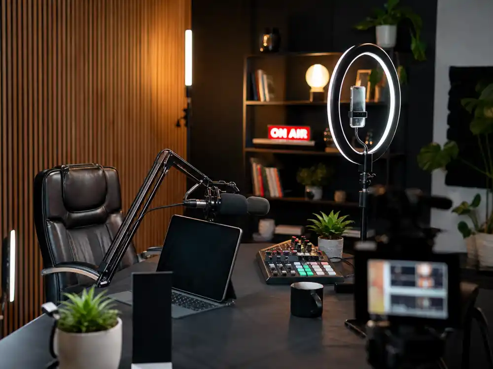 Modern podcast studio representing where the Sister Sister cast where are they now alumni work in 2026 media careers