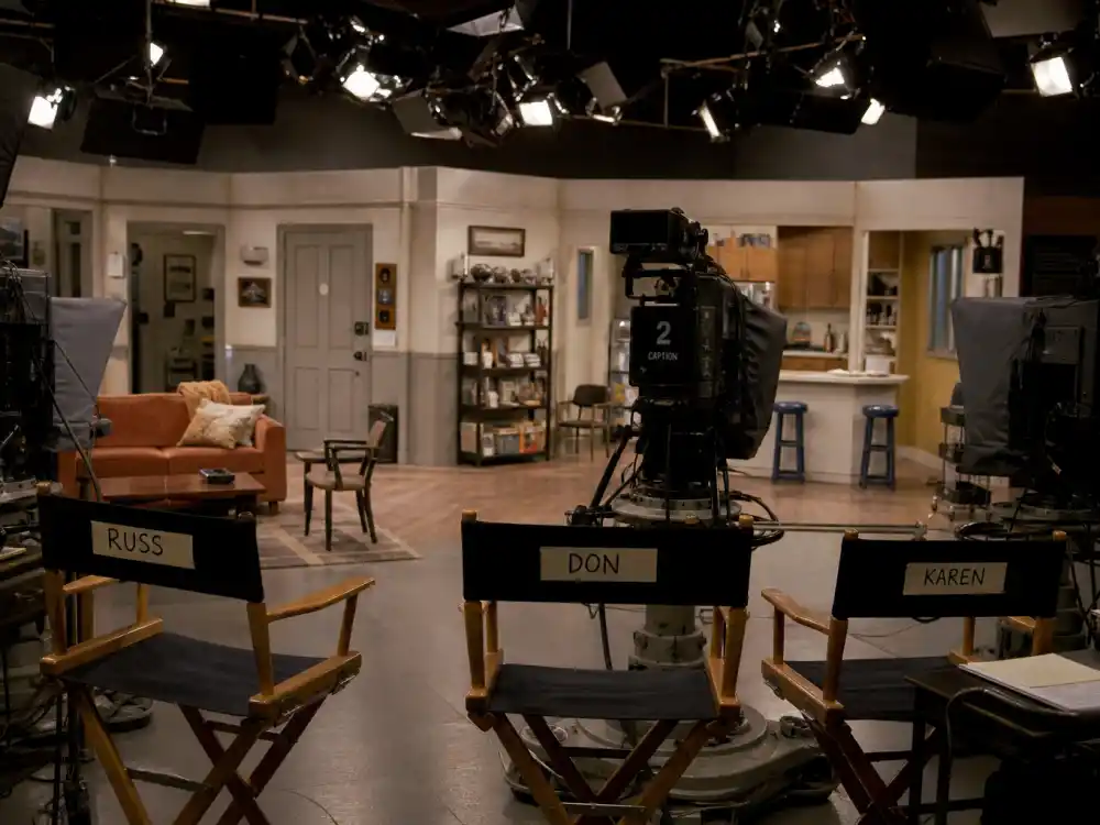 1990s TV sitcom soundstage with director chairs for the Sister Sister cast where are they now laugh-track era