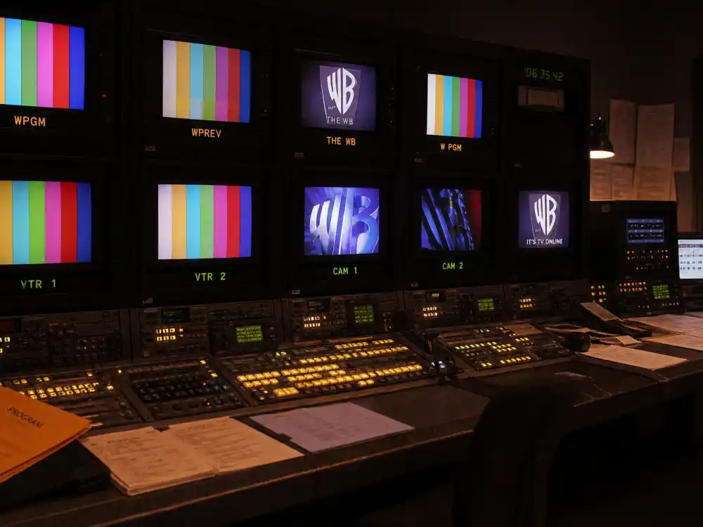 Vintage 1990s TV control room representing the WB network era of Sister Sister cast where are they now teen programming