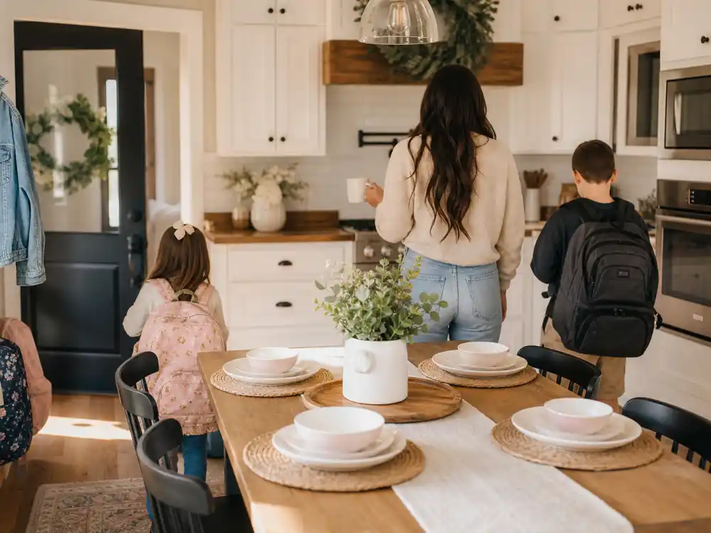 Warm family kitchen morning light for Soleil Moon Frye mom life with four children now